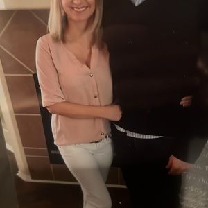 Size small Ana be sheer blouse, blush color with rose gold button detail